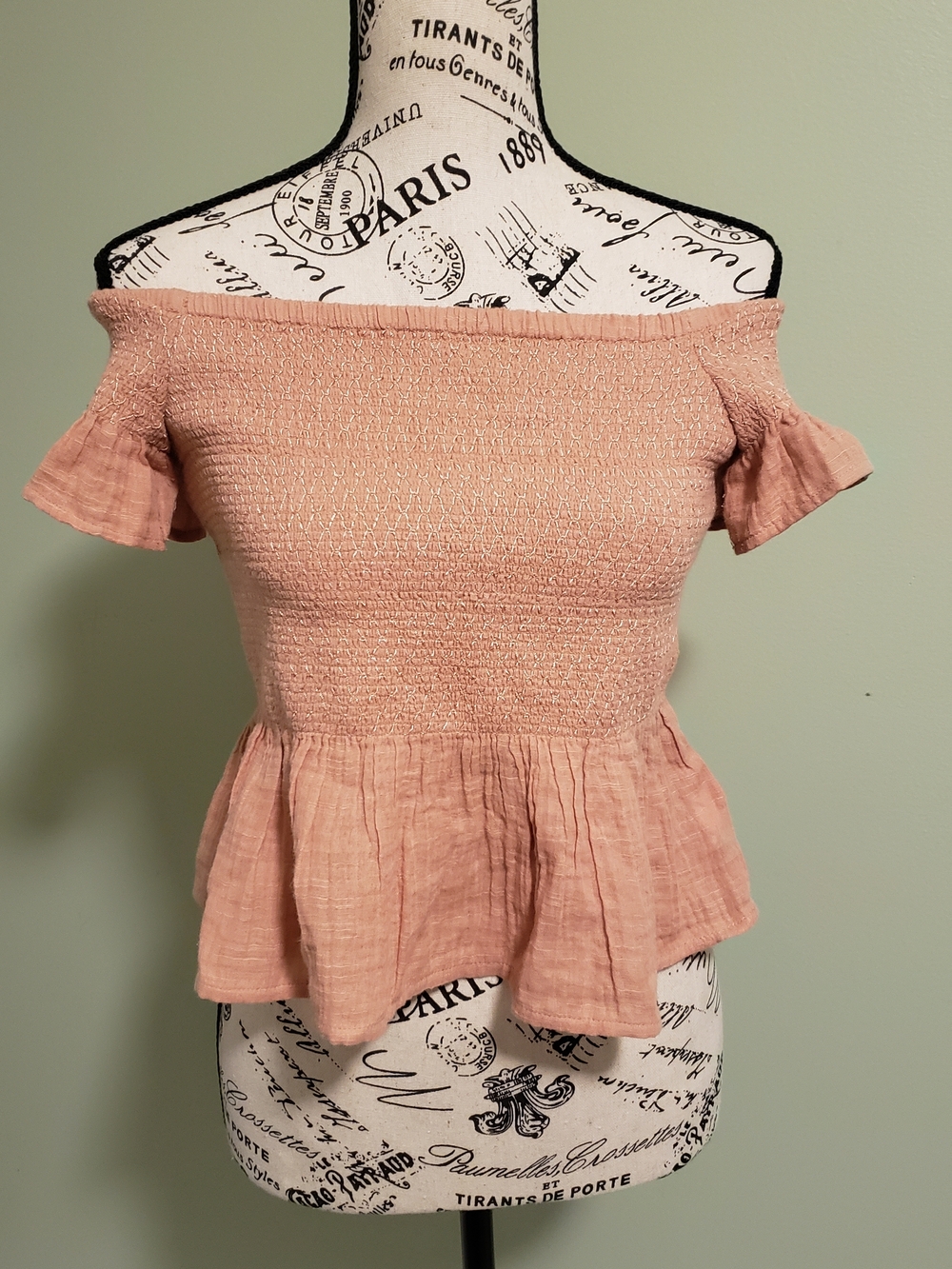 American Eagle Outfitters Blush Pink Smocked Off-Shoulder Peplum Crop Top